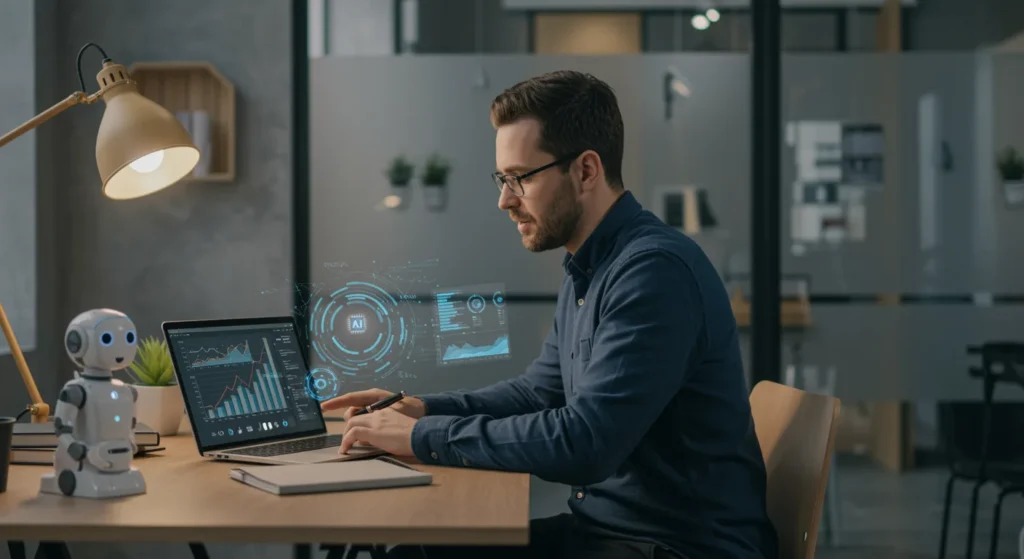 man reviews analytics beside robot, demonstrating AI tools for small business.