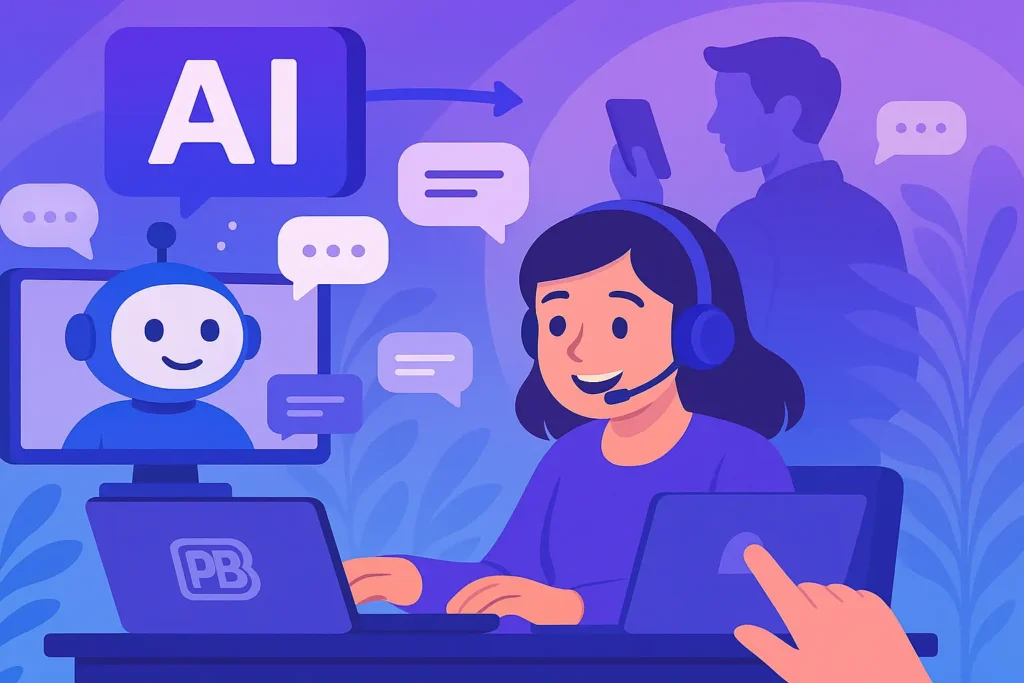 a headset-wearing agent types on a laptop as a smiling chatbot appears on a monitor.