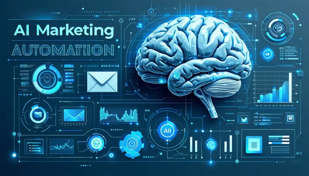 AI marketing automation software dashboard showing digital brain with email icons, analytics charts, and gears