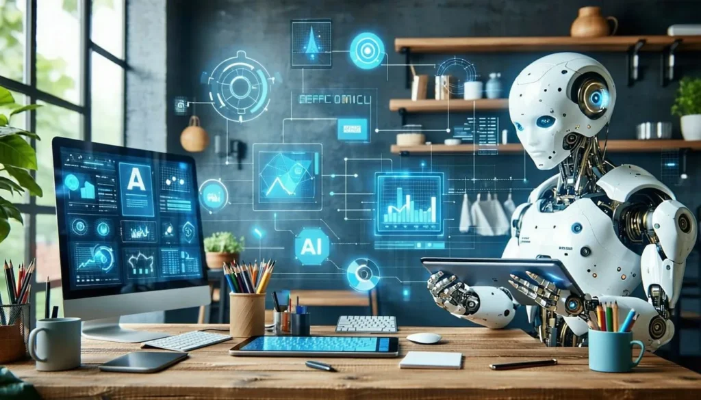 AI for small businesses robot analyzes dashboards on office desktop, illustrating small business automation with AI.